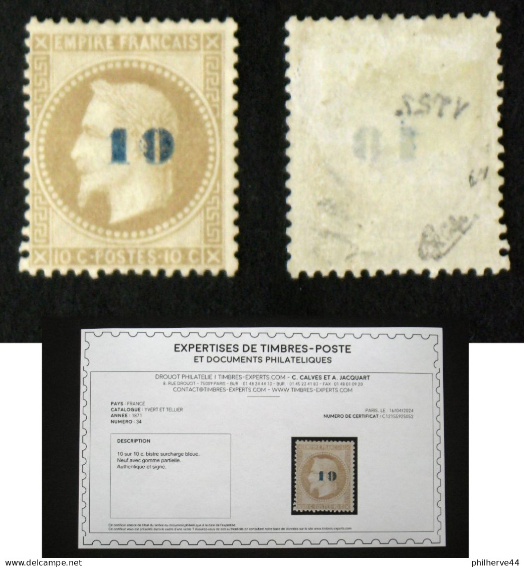 N° 34 10c/10c NAPOLEON LAURE TB Neuf N* Cote 3000€ Signé Calves + Certificat - 1863-1870 Napoléon III Lauré