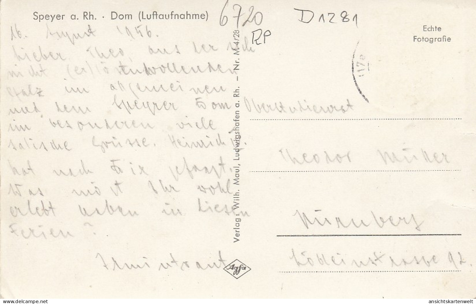 Speyer A.Rhein Dom Luftaufnahme Gl1956 #D1281 - Autres & Non Classés