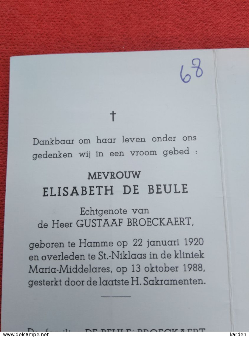 Doodsprentje Elisabeth De Beule / Hamme 22/1/1920 Sint Niklaas 13/10/1988 ( Gustaaf Broeckaert ) - Religion & Esotérisme