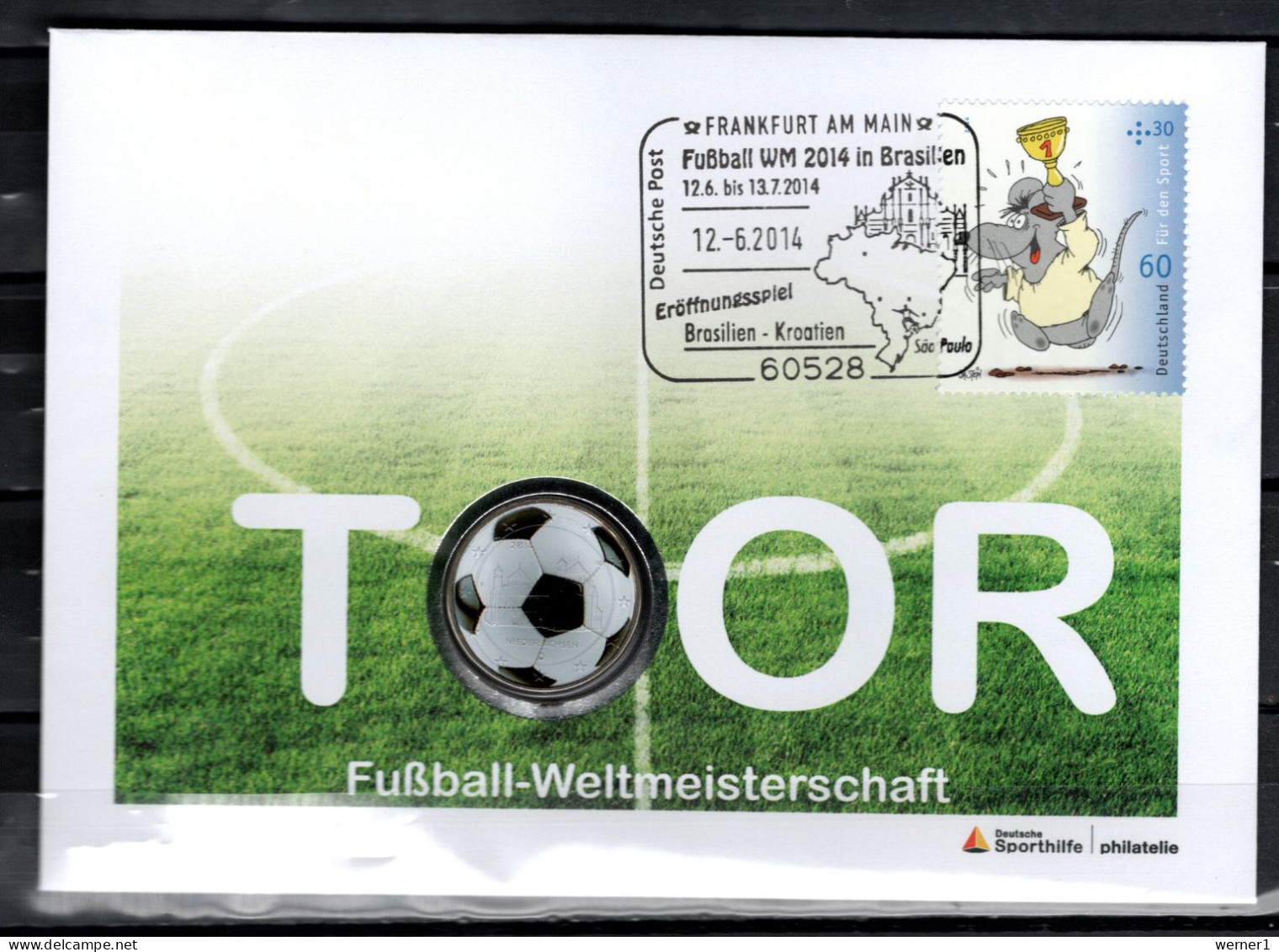 Germany 2014 Football Soccer World Cup, Commemorative Numismatic Cover With 2 Euro Coin - 2014 – Brasil