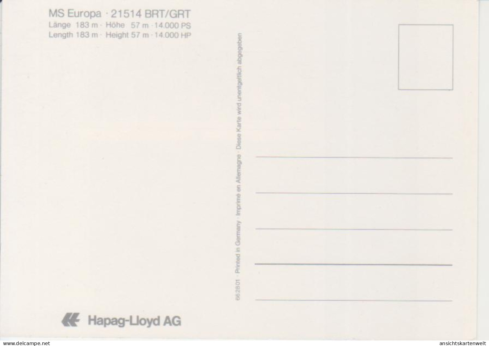 Hapag-Lloyd AG - MS Europa 21514 BRT/GRT Ngl #220.529 - Autres & Non Classés