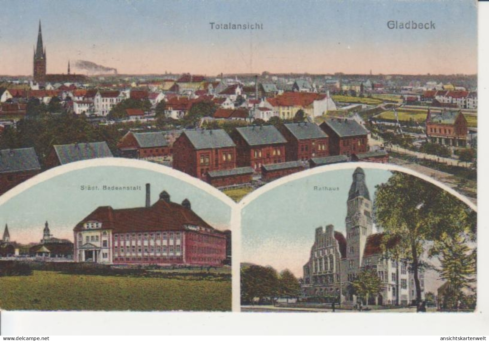 Gladbeck I.W. Panorama, Badeanstalt Und Rathaus Feldpgl1923 #220.041 - Autres & Non Classés