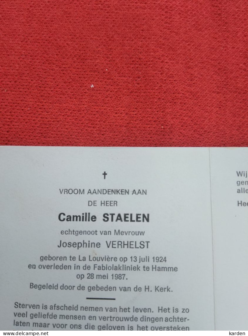 Doodsprentje Camille Staelen / La Louvière 13/7/1924 Hamme 28/5/1987 ( Josephine Verhelst ) - Godsdienst & Esoterisme