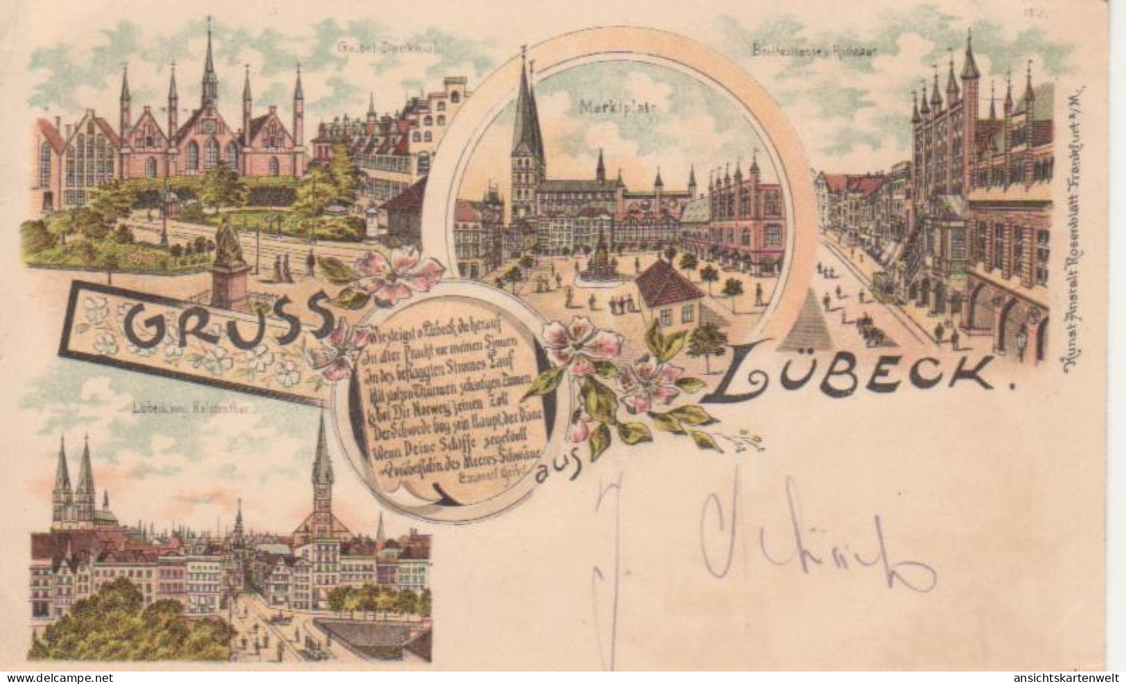 Lübeck Litho Geibel-Denkmal Marktplatz Breitestraße Und Rathaus Gl1898 #220.276 - Other & Unclassified