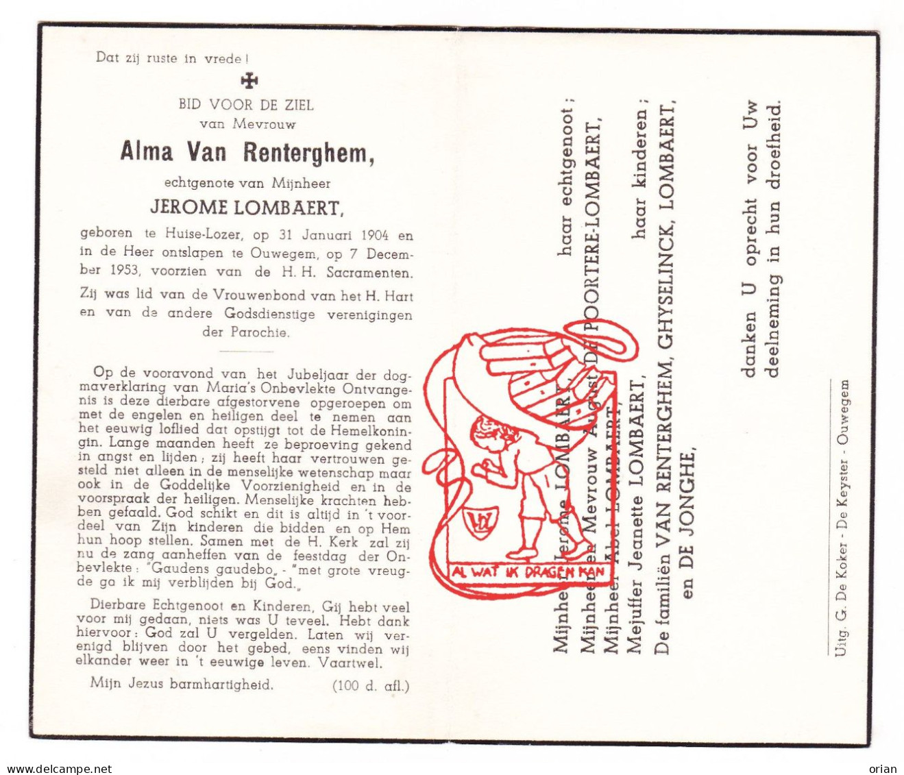 DP Alma Van Renterghem ° Huise Lozer 1904 † Ouwegem Zingem 1953 X Jerome Lombaert // De Poortere Ghyselinck De Jonghe - Devotieprenten
