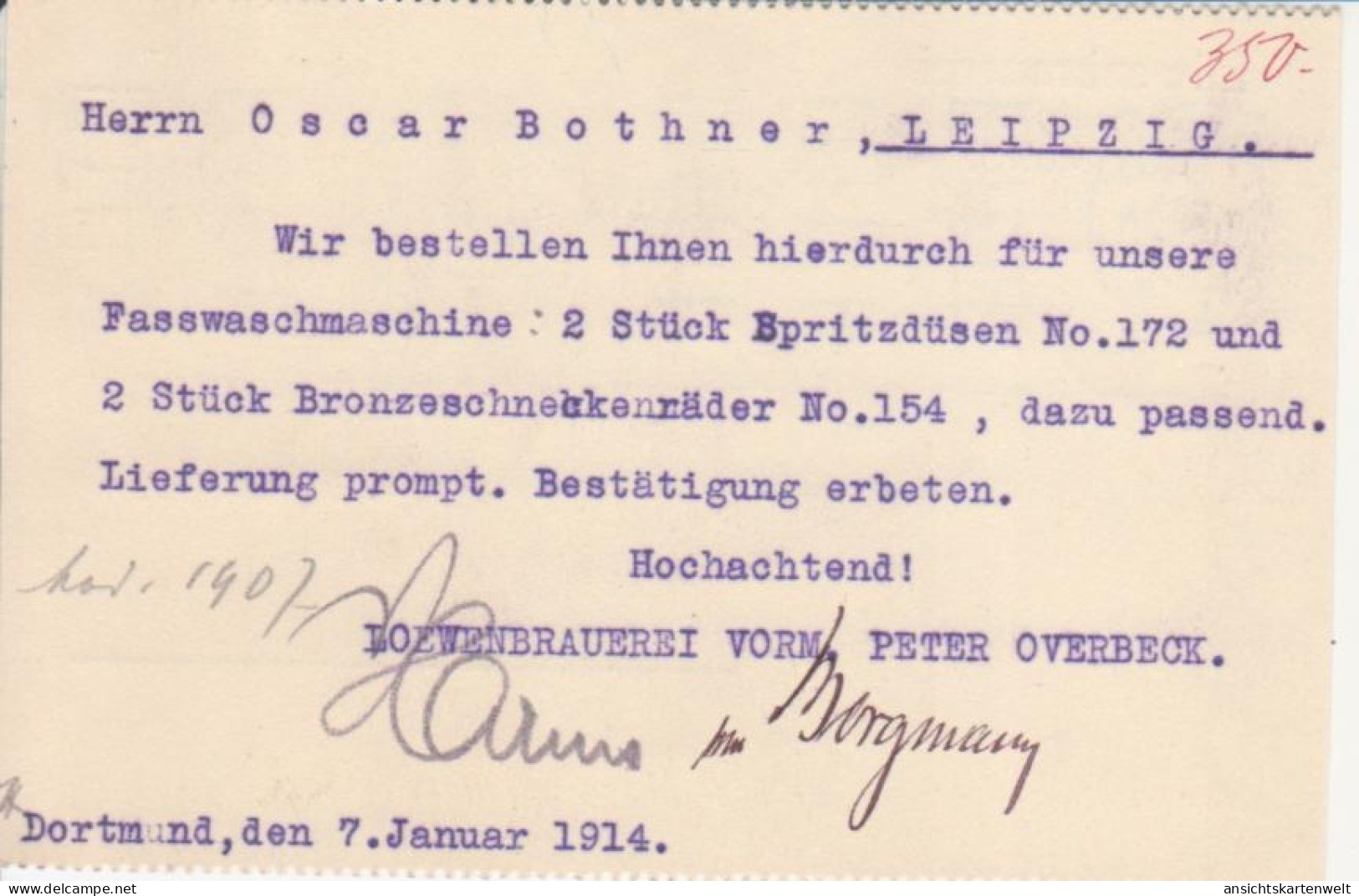 Dortmund Löwenbrauerei Bestellkarte Gl1914 #221.060 - Other & Unclassified