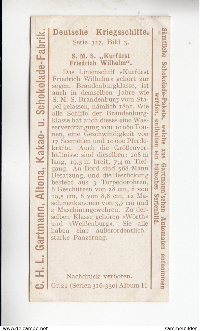 Gartmann  Deutsche Kriegsschiffe S.M.S. Kurfürst Friedrich Wilhelm      Serie 327 #3 Von 1909 - Autres & Non Classés