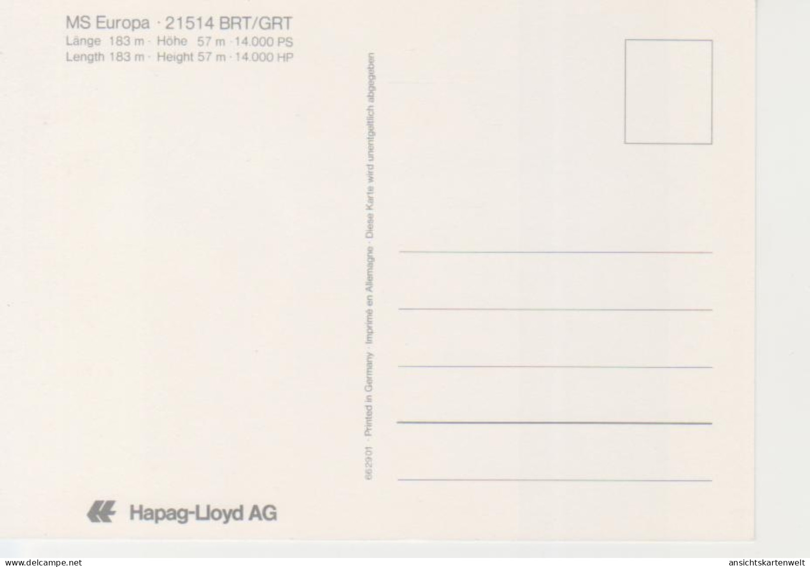 Hapag-Lloyd AG - MS Europa 21514 BRT/GRT Ngl #220.530 - Other & Unclassified