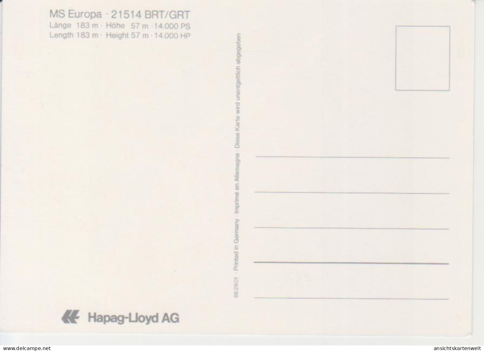 Hapag-Lloyd AG - MS Europa 21514 BRT/GRT Ngl #220.533 - Autres & Non Classés