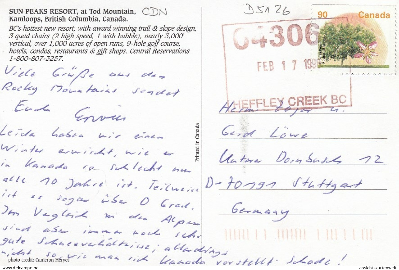 CDN Sun Peaks Resort Kamloops Brit.Columbia Gl1999 #D5126 - Unclassified
