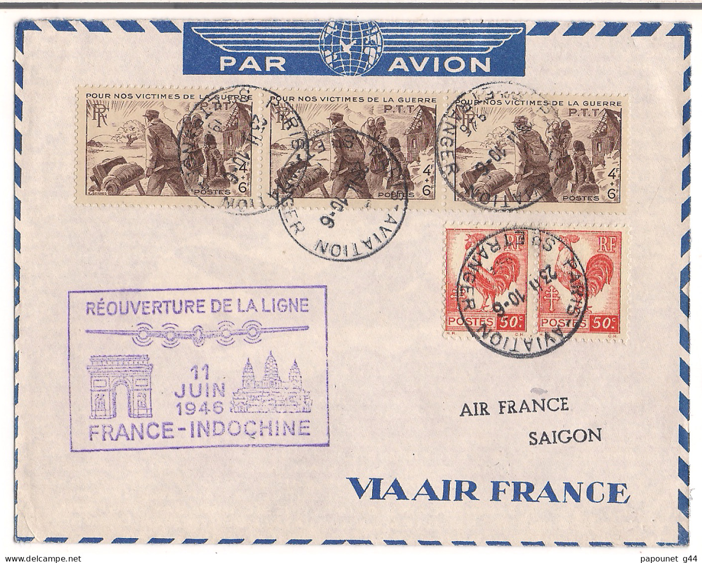 Lettre Paris Aviation 1946 ( Réouverture De La Ligne France - Indochine Air France Saigon ) Verso Saigon Cochinchine - 1921-1960: Modern Tijdperk