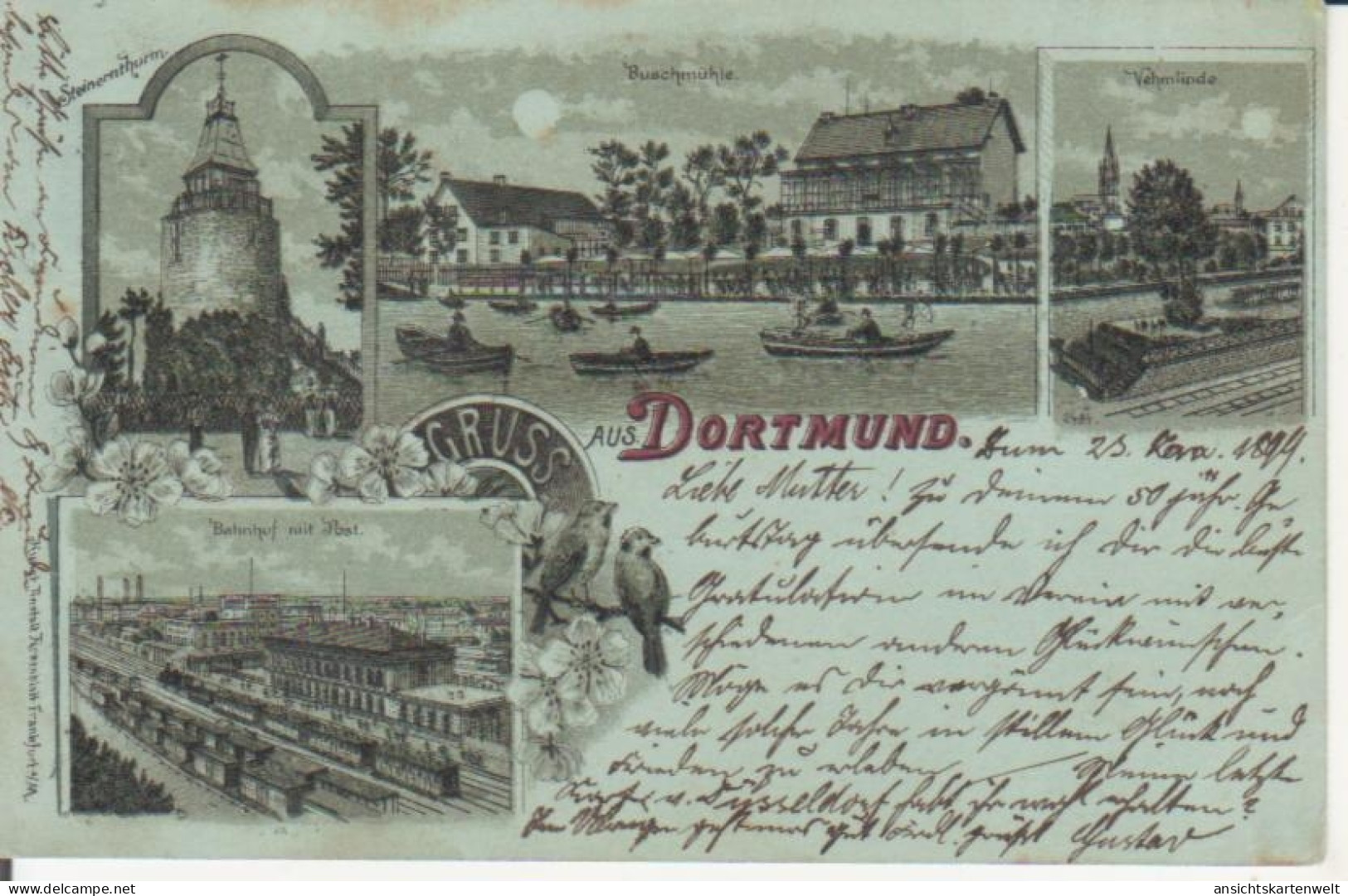 Dortmund Litho Mondscheinkarte Buschmühle Steinernturm Vehmlinde Gl1899 #221.042 - Autres & Non Classés