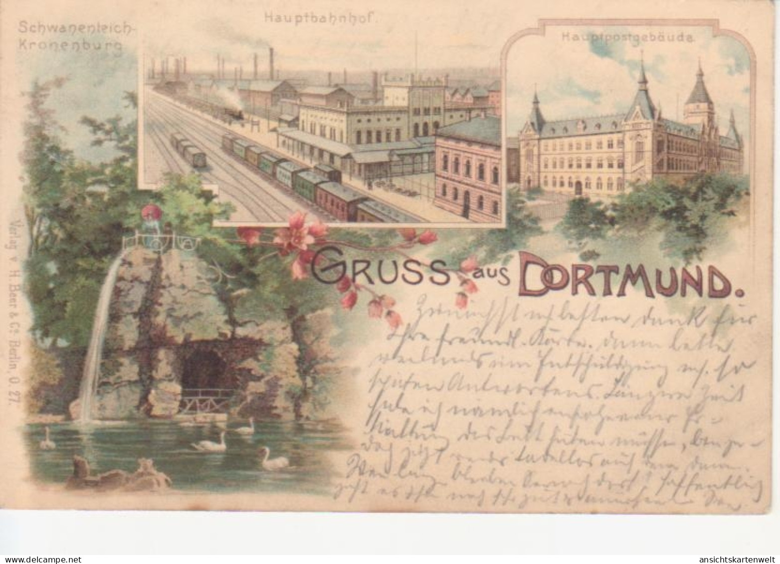 Dortmund Litho Schwanenteich Kronenburg Hauptbahnhof Hauptpost Gl1899 #221.052 - Autres & Non Classés