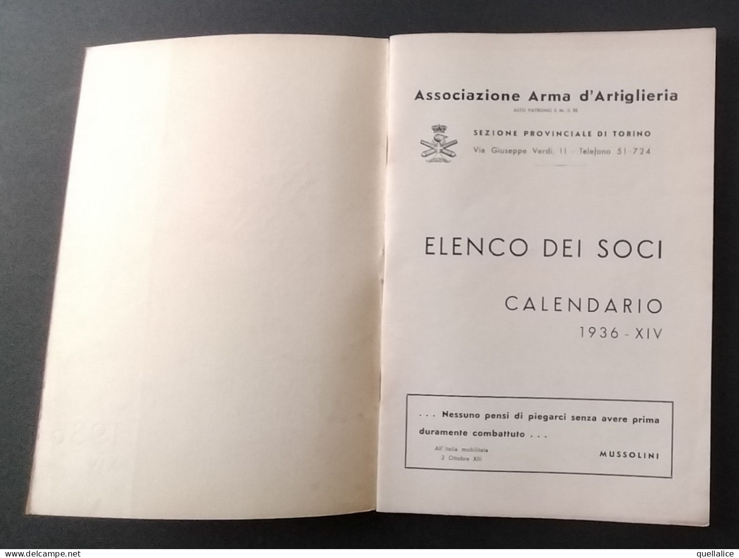 03923 "ASSOC. ARMA ARTIGLIERIA - SEZ.NE PROVINCIALE DI TORINO - ANNUARIO E CALEND. ILLUSTR. 1936-XIV" ORIG. - Grand Format : 1921-40