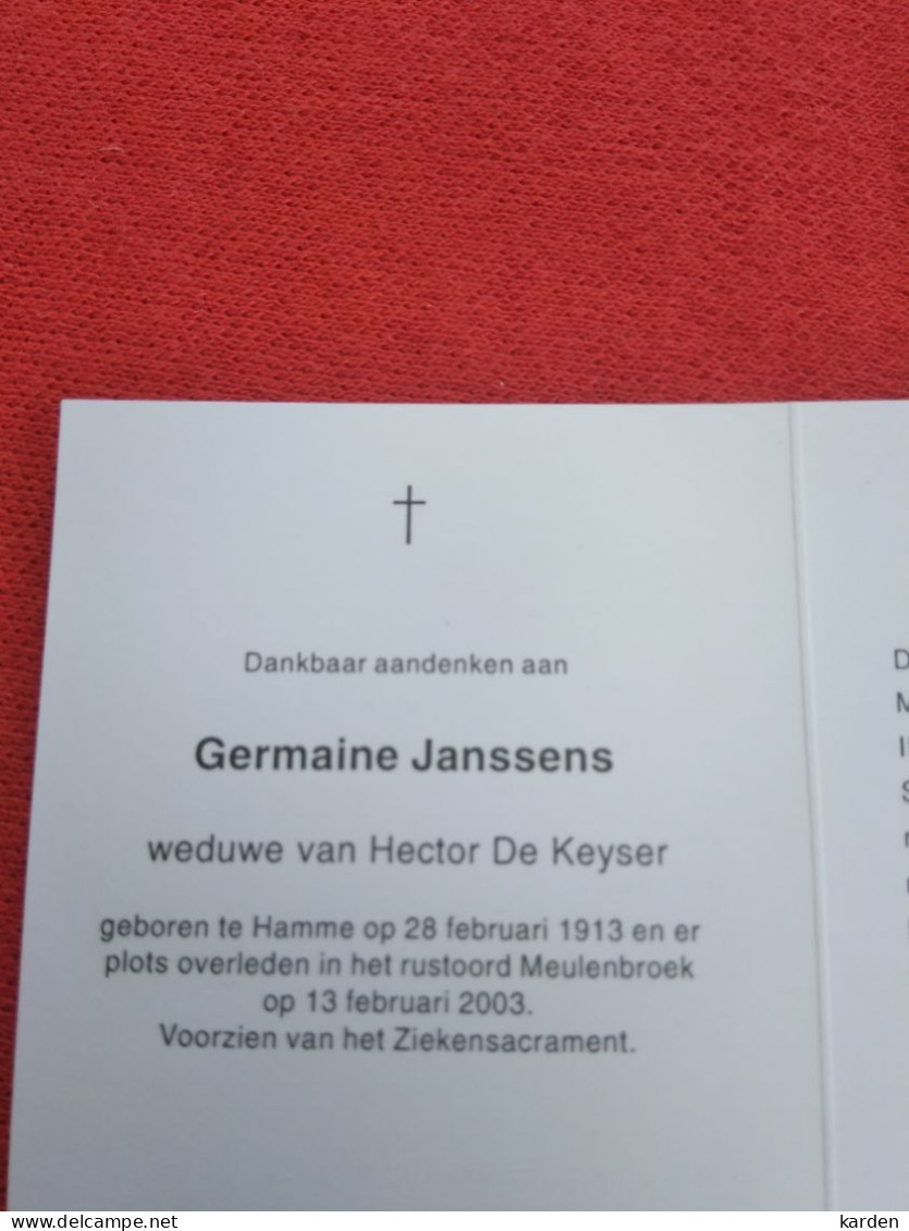 Doodsprentje Germaine Janssens / Hamme 28/2/1913 - 13/2/2003 ( Hector De Keyser ) - Religion & Esotérisme