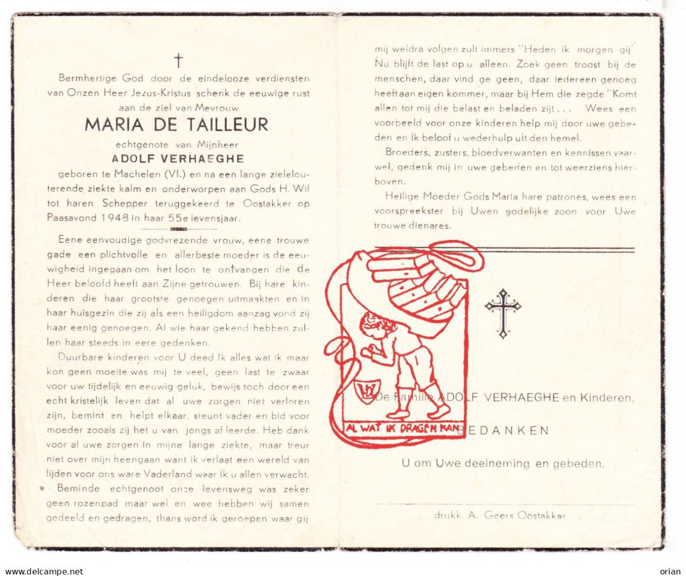 DP Maria De Tailleur ° Machelen Zulte Ca. 1893 † Oostakker Gent 1948 X Adolf Verhaeghe - Devotieprenten