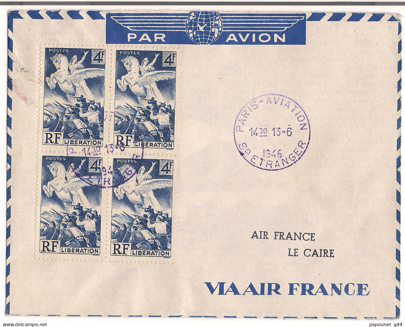 Lettre Paris Aviation 1946 ( Destination Le Caire ) - 1921-1960: Modern Tijdperk