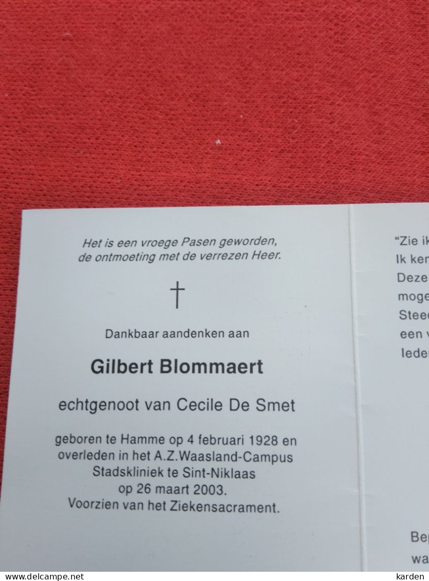 Doodsprentje Gilbert Blommaert / Hamme 4/2/1928 Sint Niklaas 26/3/2003 ( Cecile De Smet ) - Religión & Esoterismo