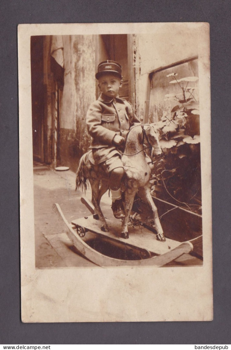 Carte Photo Portrait Enfant Garcon Uniforme Militaire Sur Cheval Bois à Bascule  58920 - Portraits