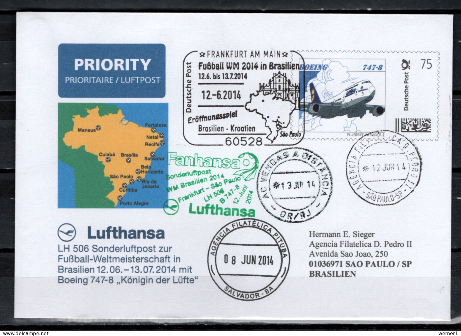 Germany 2014 Football Soccer World Cup, Lufthansa Flight Cover To Brazil - 2014 – Brasil