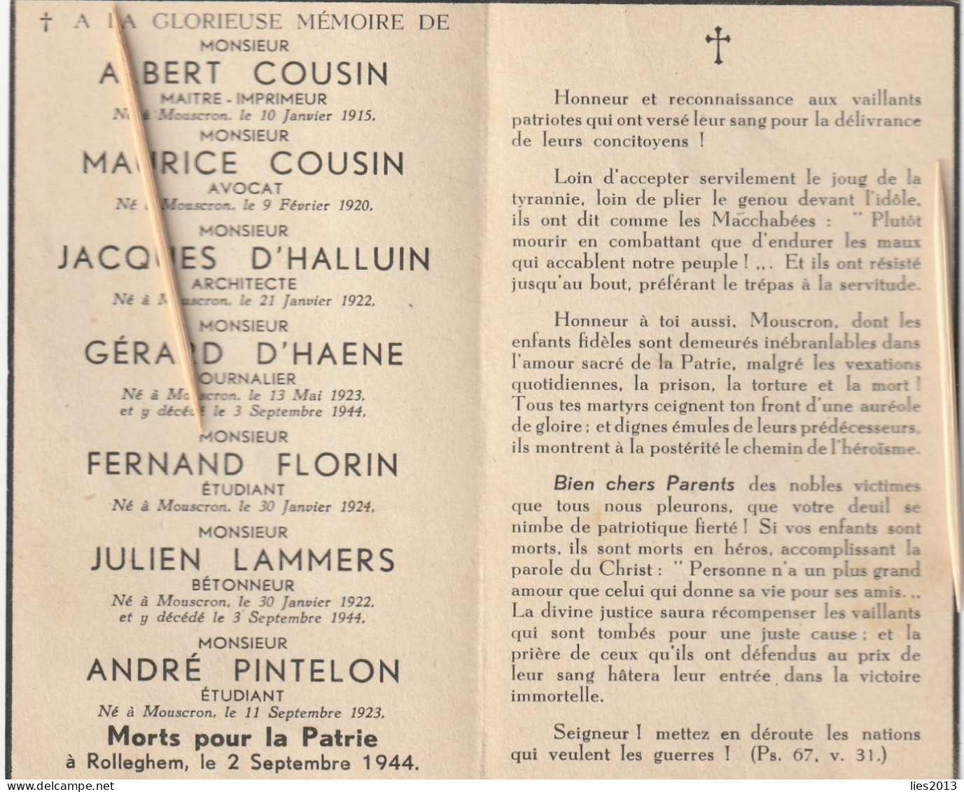 Oorlogsslachtoffer : 1944, Rolleghem, Rollegem, Cousin, D'Halluin, D'Haene, Florin, Lammers, Pintelon, Mouscron - Devotion Images