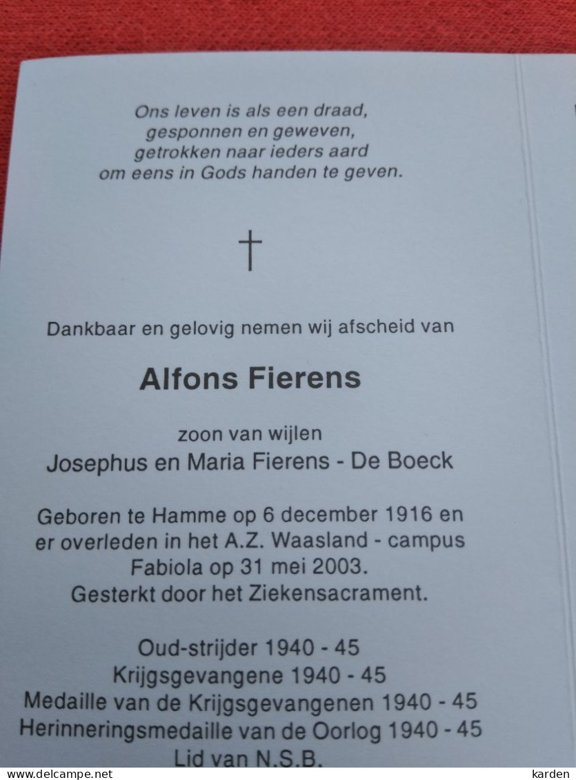Doodsprentje Alfons Fierens / Hamme 6/12/1916 - 31/5/2003 ( Z.v. Josephus Fierens En Maria De Boeck ) - Religion &  Esoterik