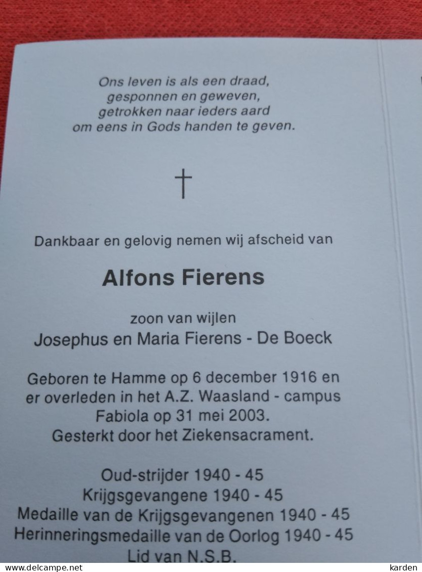 Doodsprentje Alfons Fierens / Hamme 6/12/1916 - 31/5/2003 ( Z.v. Josephus Fierens En Maria De Boeck ) - Godsdienst & Esoterisme