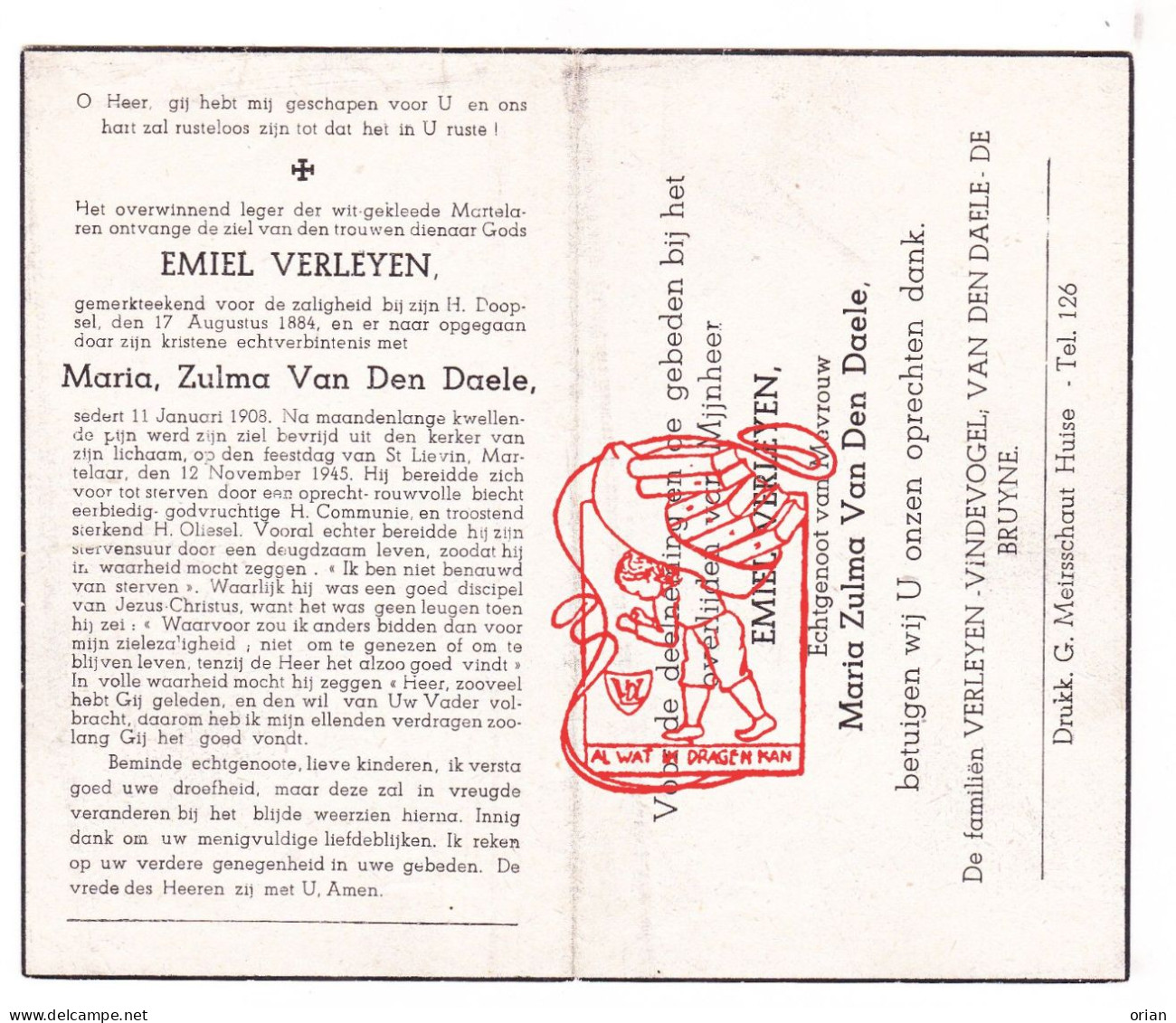 DP Emiel Verleyen ° 1884 † 1945 X Maria Zulma Van Den Daele // Vindevogel De Bruyne // Druk Huise Zingem - Andachtsbilder