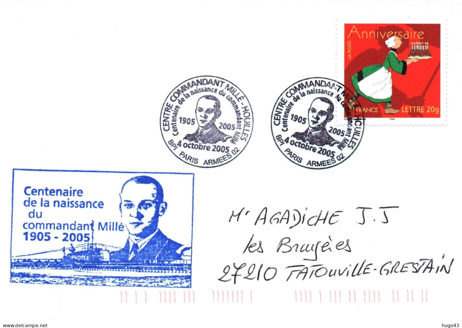 ENVELOPPE AVEC CACHET CENTENAIRE DE LA NAISSANCE DU COMMANDANT MILLE - 04/10/2005 - Correo Naval