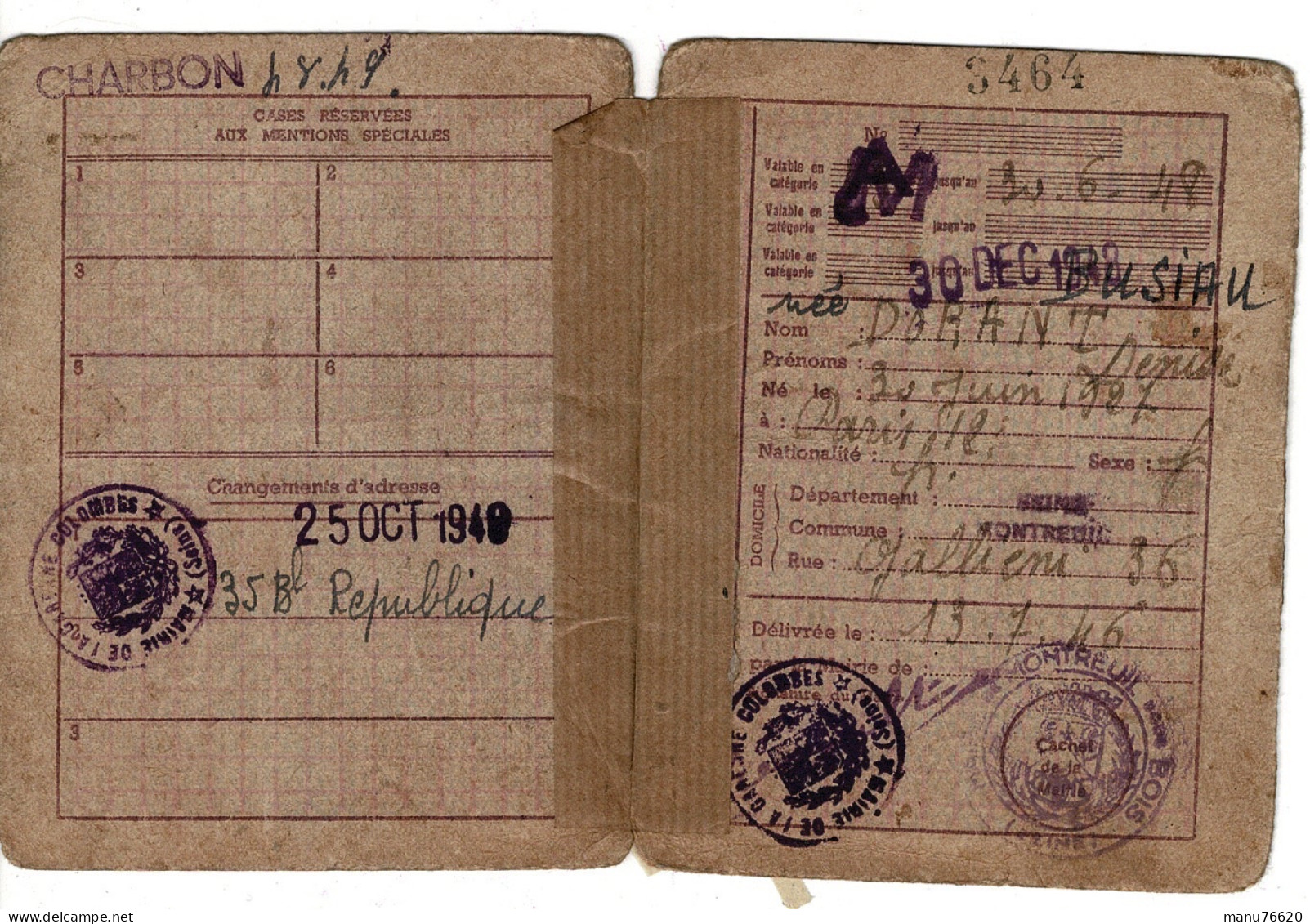 Ref 1 - Carte Rationnement Pour Du Charbon , à Paris 1946/48 - Tarjetas De Membresía