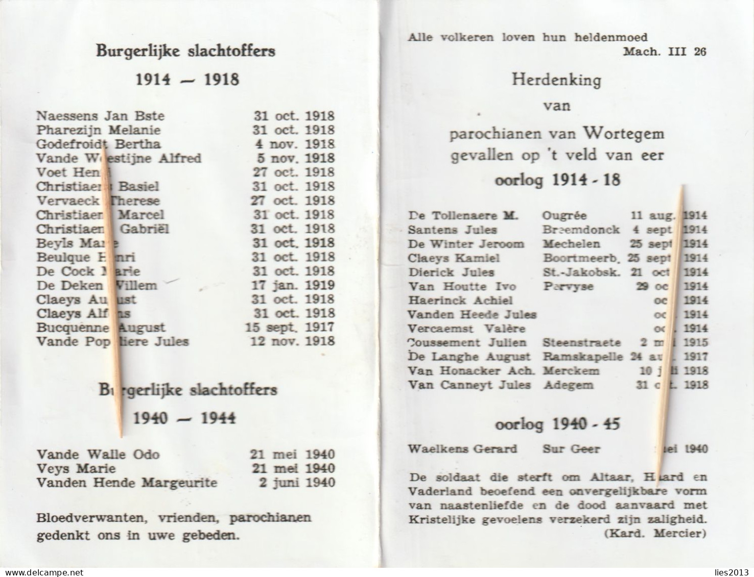 Oorlogsslachtoffer : 1914-18--1940-45, Wortegem, KOPIE - Devotieprenten