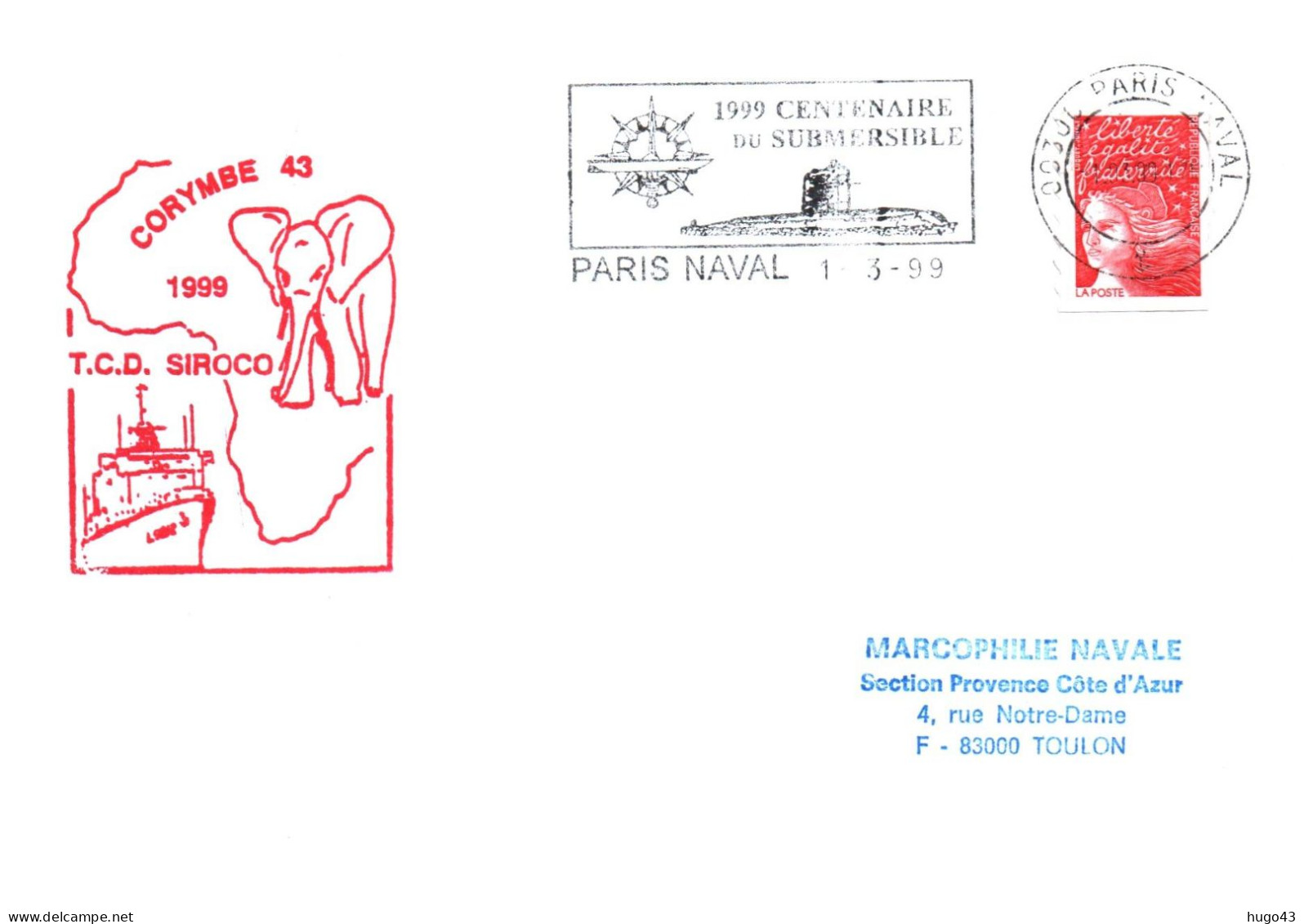 ENVELOPPE AVEC CACHET T.C.D. SIROCO 1999 - CORYMBE 43 - LE 01/03/99 - Posta Marittima