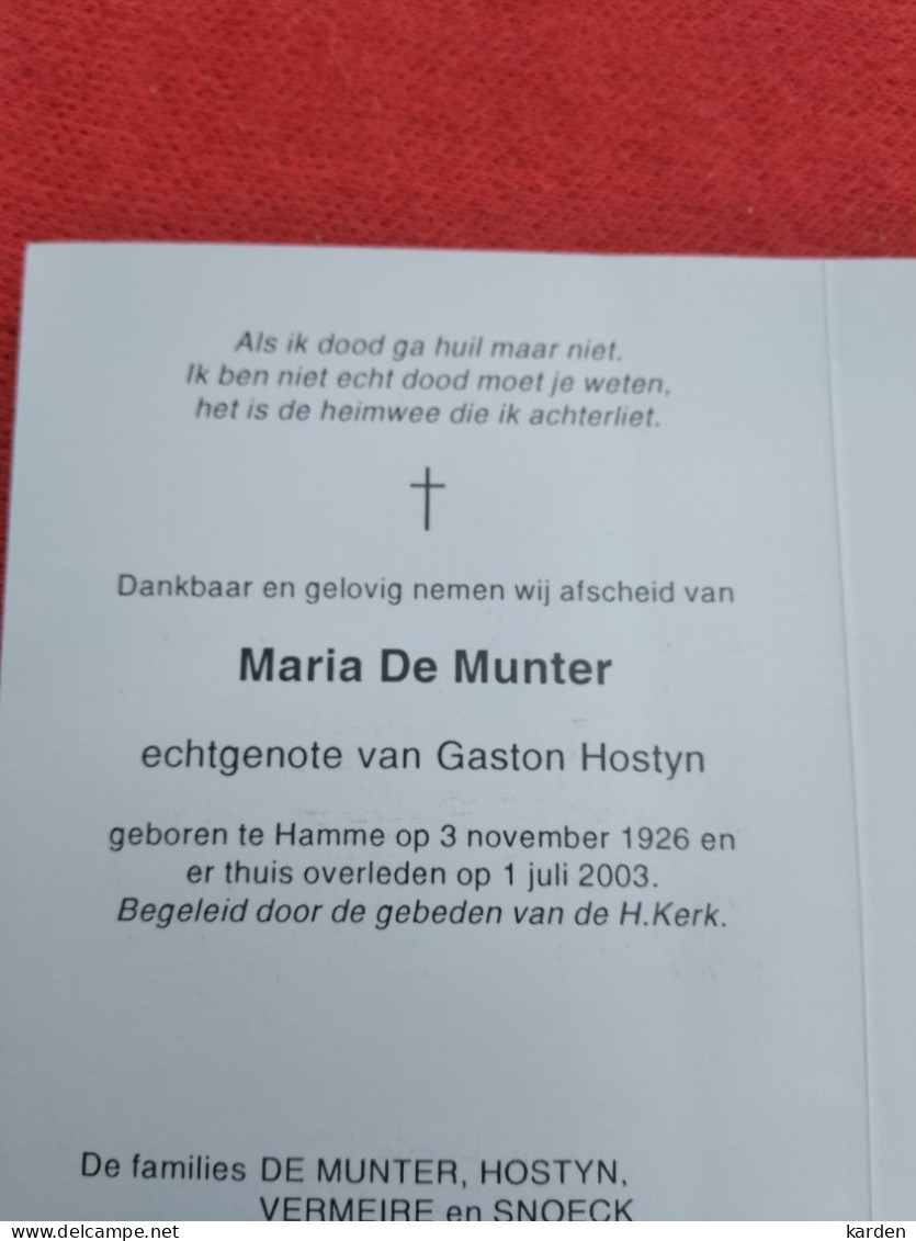 Doodsprentje Maria De Munter / Hamme 3/11/1926 - 1/7/2003 ( Gaston Hostyn ) - Religion & Esotericism