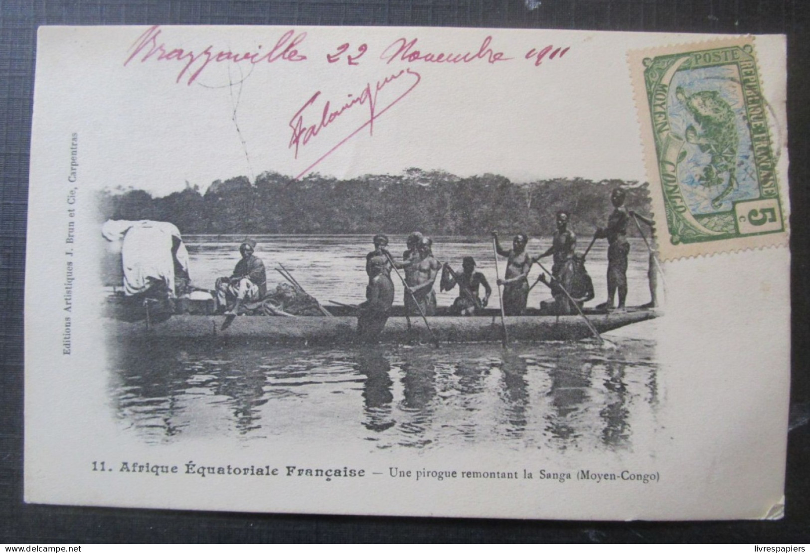 Congo Pirogue Remontant La Sanga Moyen Congo Cpa Timbrée - French Congo