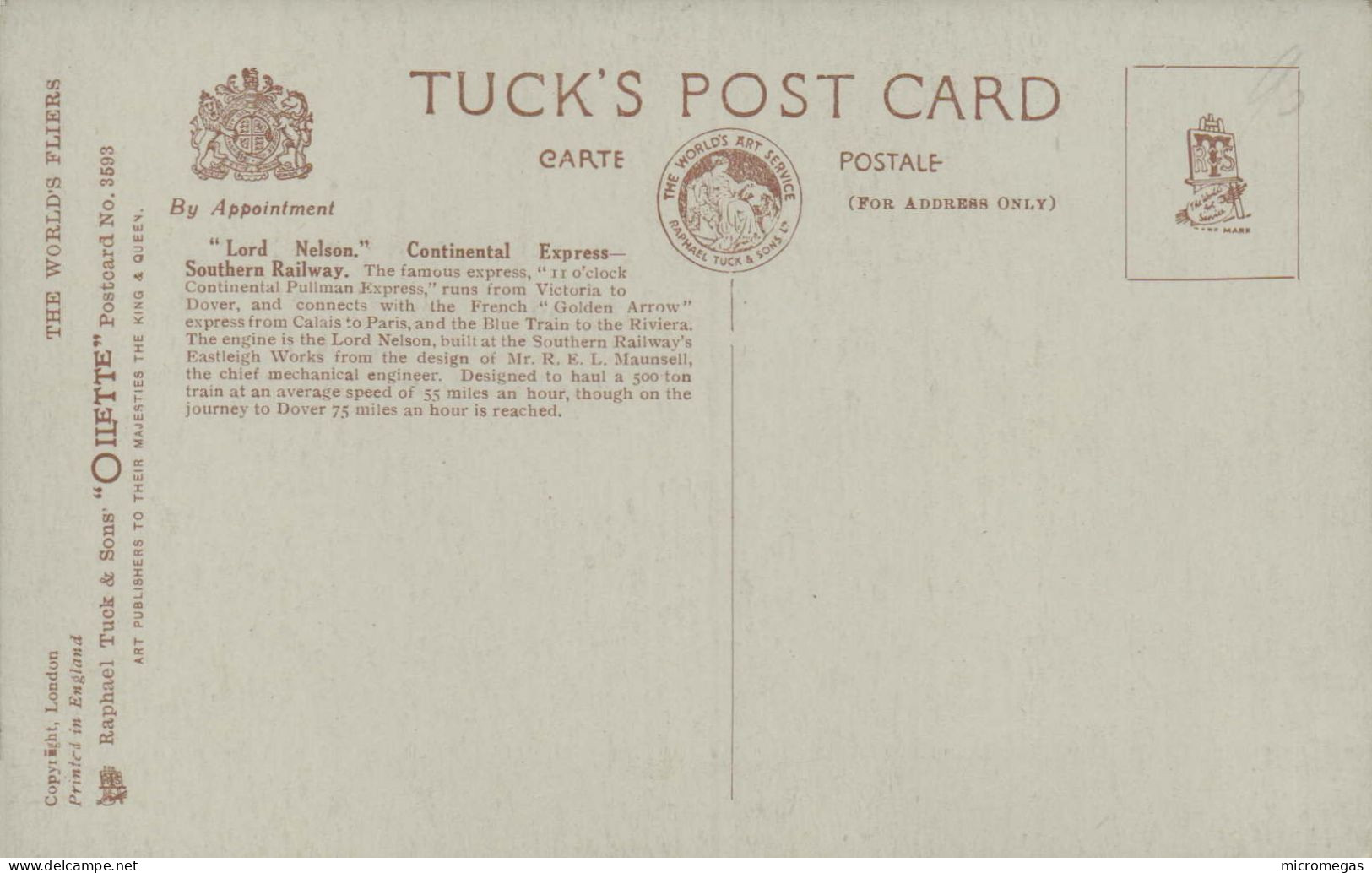 Southern Railway - Continental Express "Lord Nelson" - Tuck's Post Card - Trenes