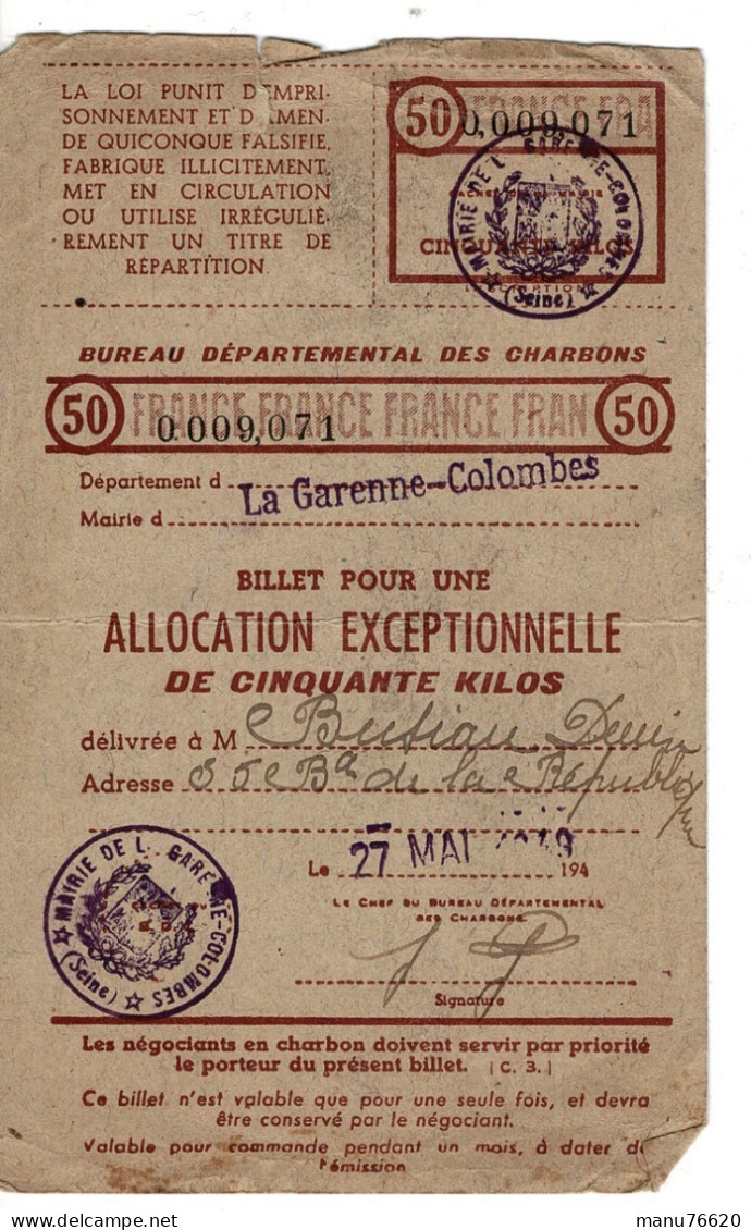 Ref 1 - Carte Allocation Pour Du Charbon , à Garenne Colombes 1943 - Tessere Associative