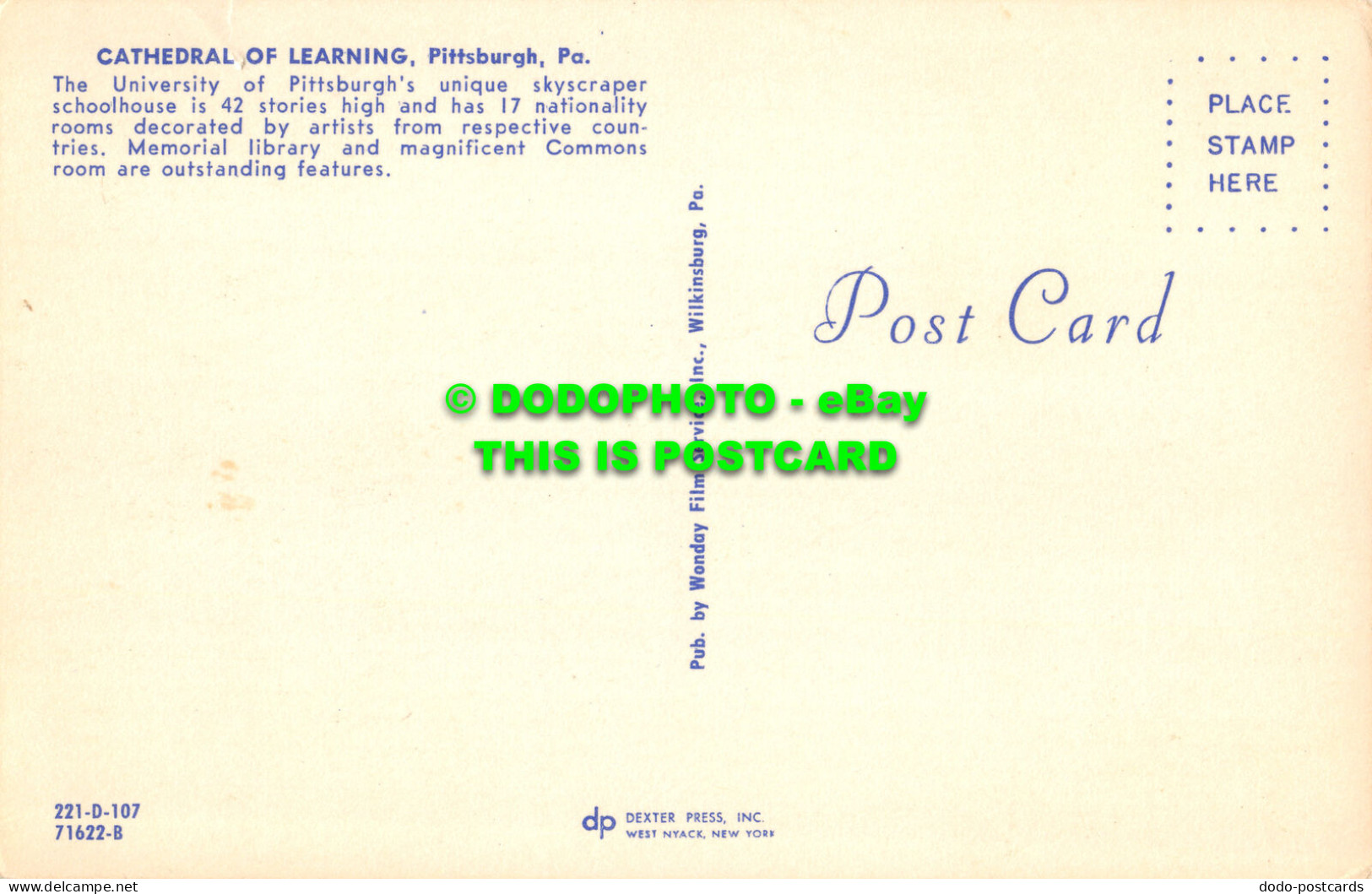 R528530 Pittsburgh. Pa. Cathedral Of Learning. Wonday Film Service. Dexter Press - World