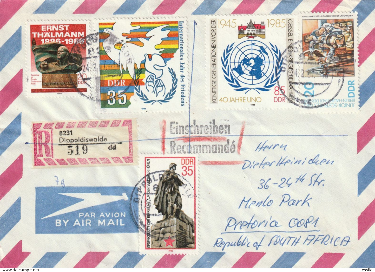 Germany DDR Cover Einschreiben Registered - 1984 1985 1986 - Thalmann UN United Nations Peace Year Seelow Heights Youth - Brieven En Documenten