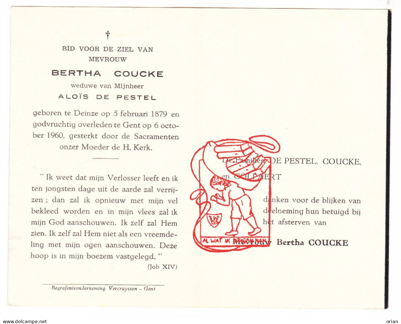DP Bertha Coucke ° Deinze 1879 † Gent 1960 X Aloïs De Pestel // Colpaert - Andachtsbilder