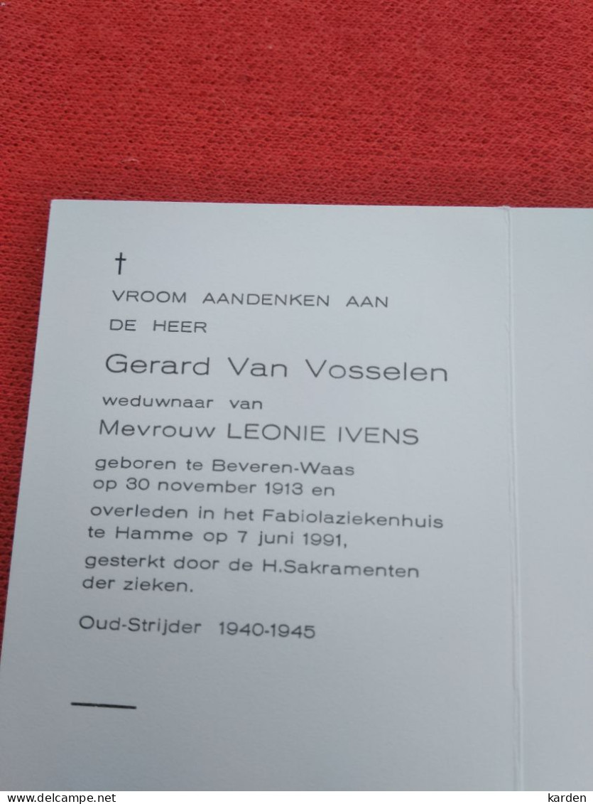 Doodsprentje Gerard Van Vosselen / Beveren Waas 30/11/1913 Hamme 7/6/1991 ( Leonie Ivens ) - Religion & Esotericism