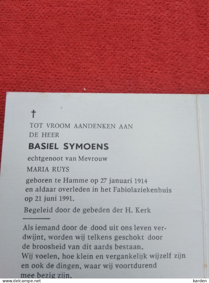 Doodsprentje Basiel Symoens / Hamme 27/1/1914 - 21/6/1991 ( Maria Ruys ) - Religion & Esotericism