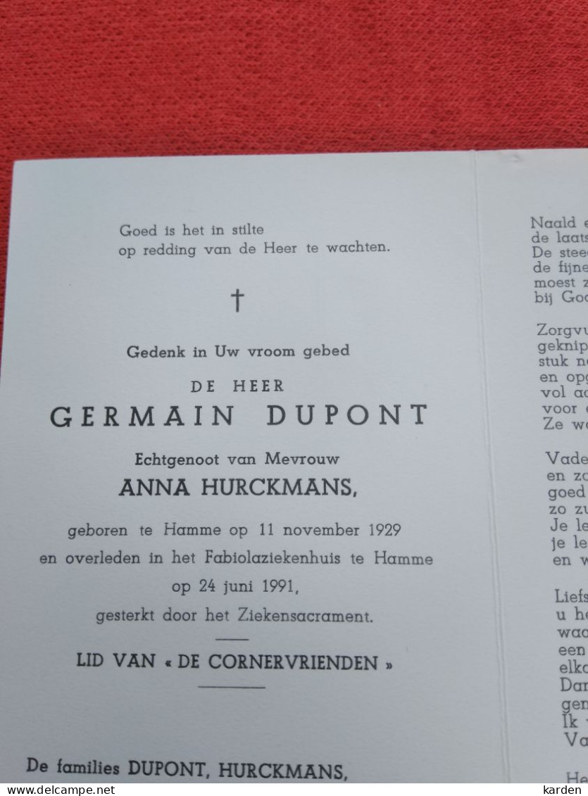 Doodsprentje Germain Dupont / Hamme 11/11/1929 - 24/6/1991 ( Anna Hurckmans ) - Religion & Esotericism