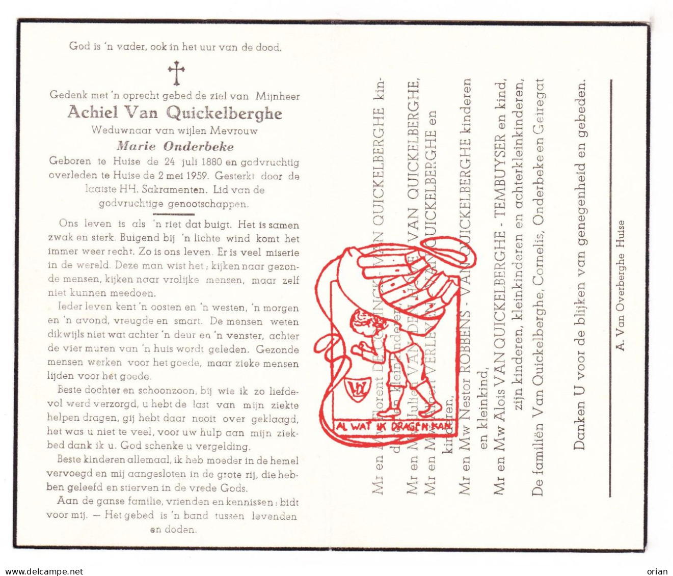 DP Achiel Van Quickelberghe ° Huise Zingem 1880 † 1959 Onderbeke De Coninck Van Den Hove Robbens Tembuyser Geiregat - Andachtsbilder