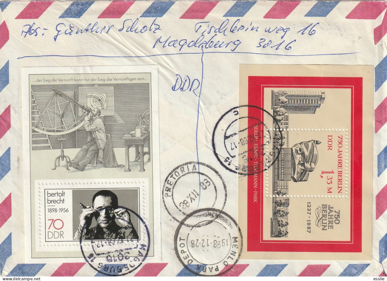 Germany DDR Cover Einschreiben Registered -  1987 1988 - Winter Olympic Games Bertolt Brecht Berlin 750th - Covers & Documents