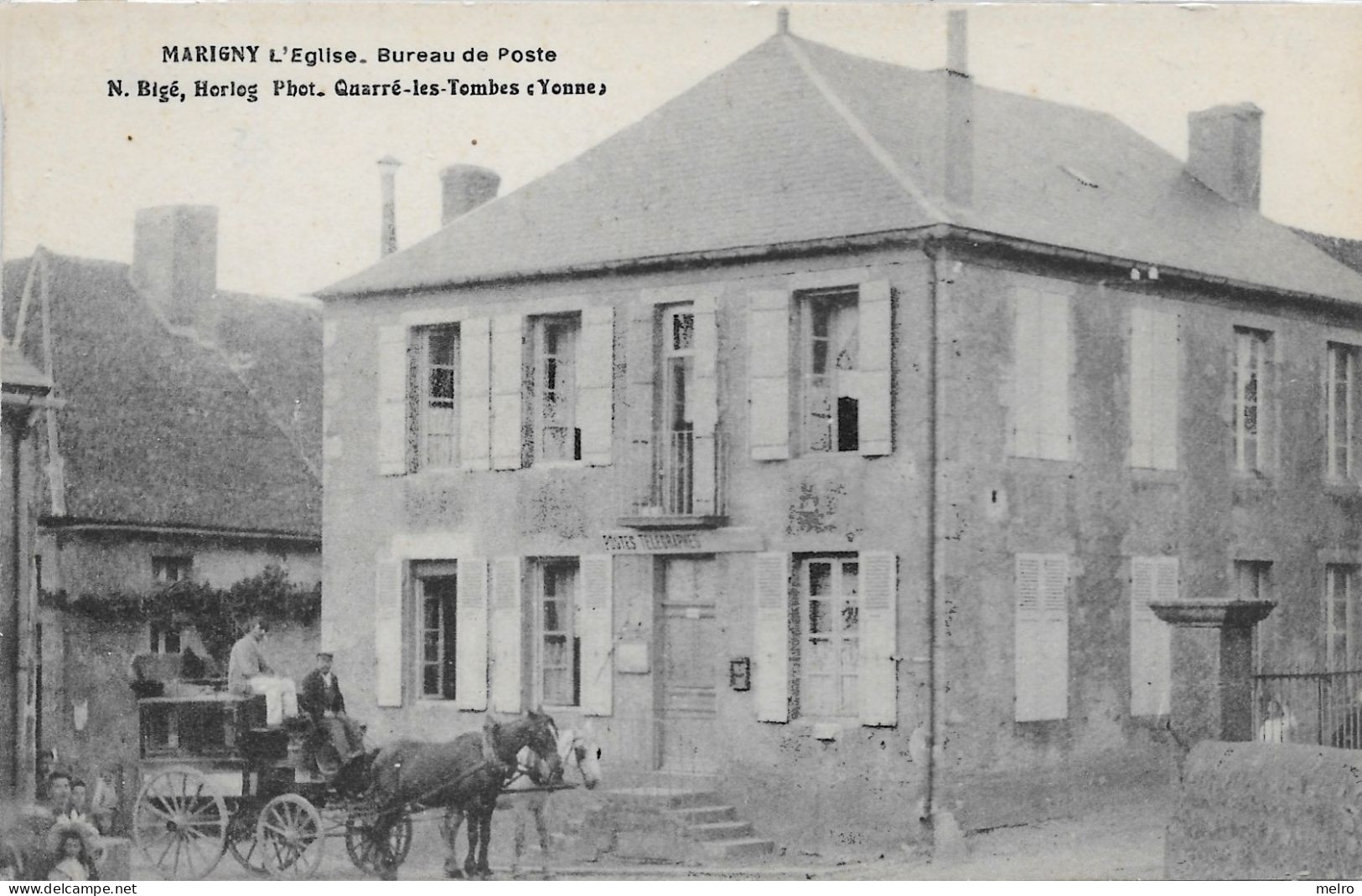 CPSM  - RARE - (Dep. 58) - MARIGNY - L EGLISE  - BUREAU De POSTE -   ATTELAGE CHEVAL - Autres & Non Classés