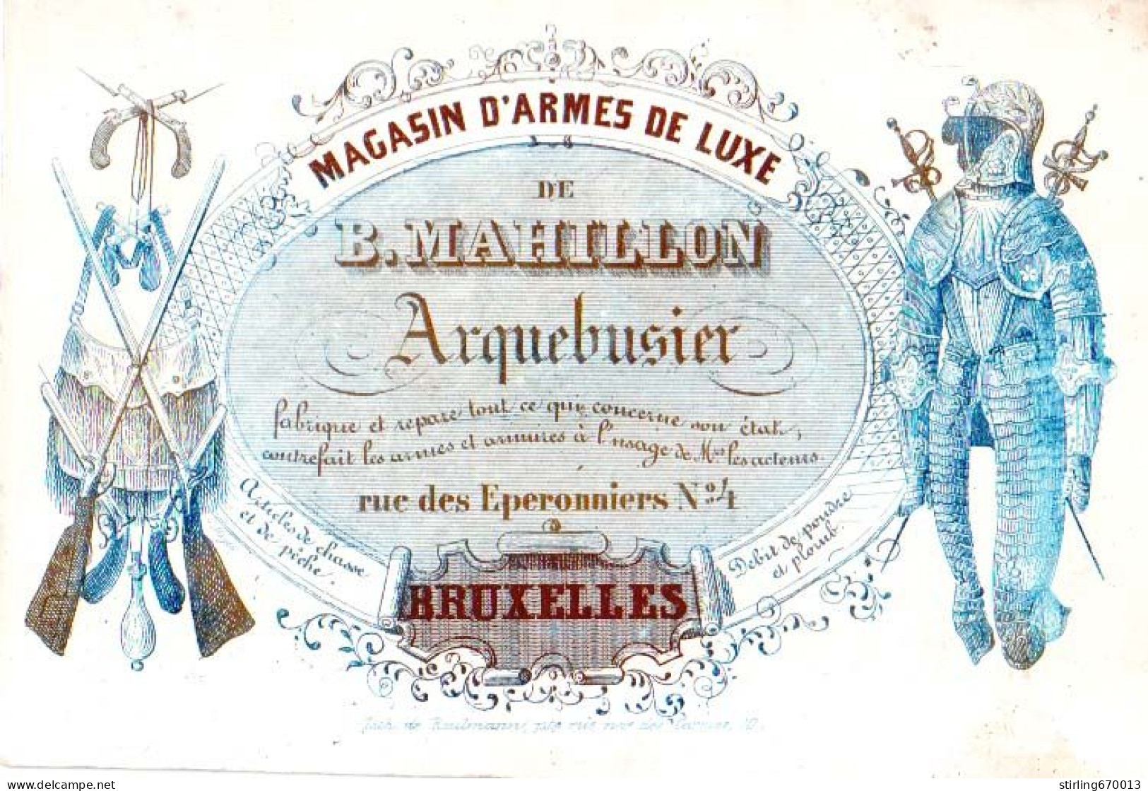 DE 1881 - Carte Porcelaine De B. Mahillon, Arquebusier, Magasin D'armes De Luxe, Bruxelles Imp Roulmann - Autres & Non Classés