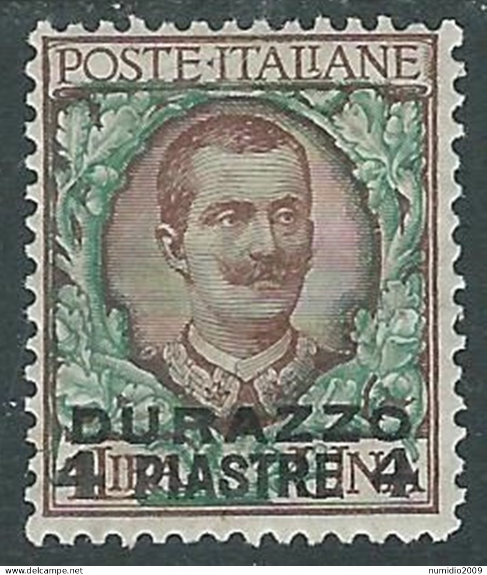 1909-11 LEVANTE DURAZZO 4 PI SU 1 LIRA MH * - I37-9 - Bureaux D'Europe & D'Asie