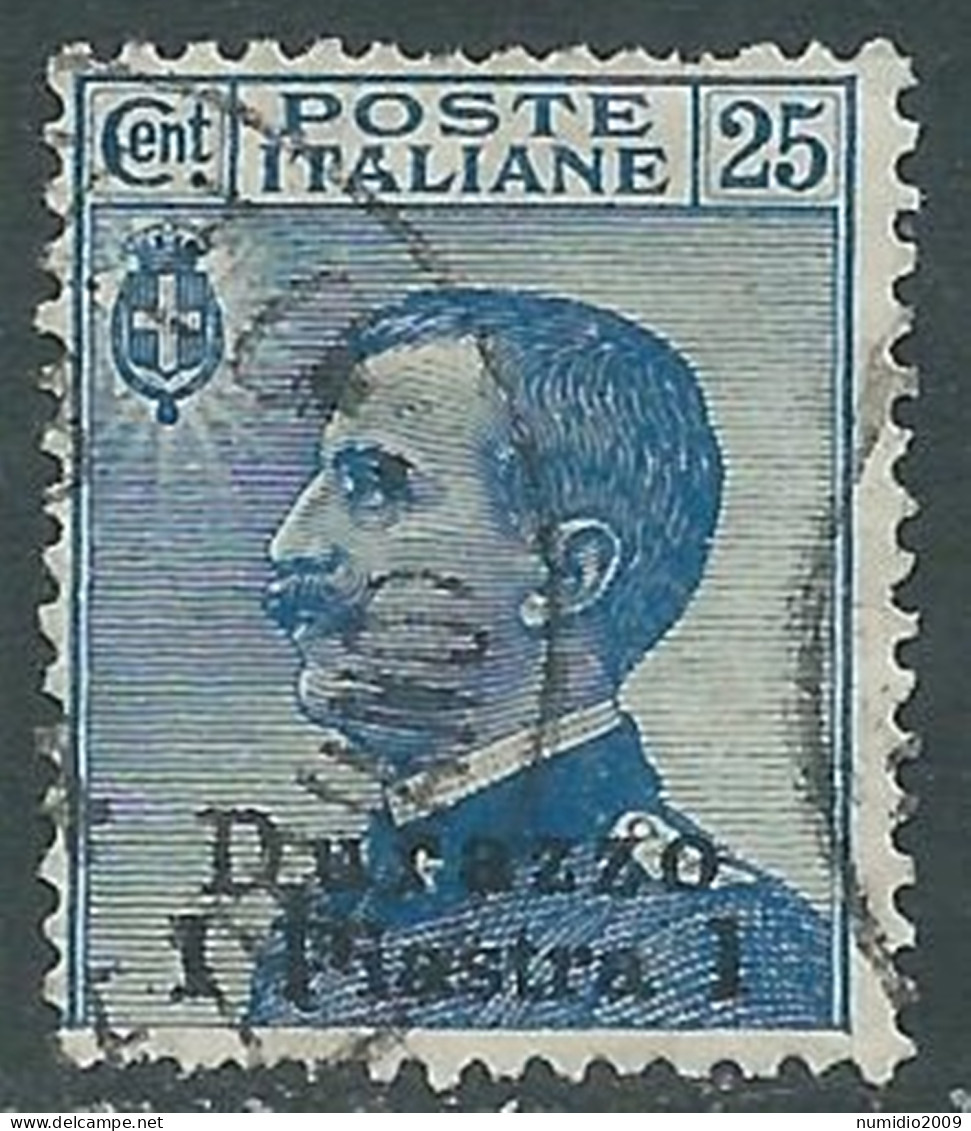 1909-11 LEVANTE DURAZZO USATO 1 PI SU 25 CENT - RB37-6 - European And Asian Offices