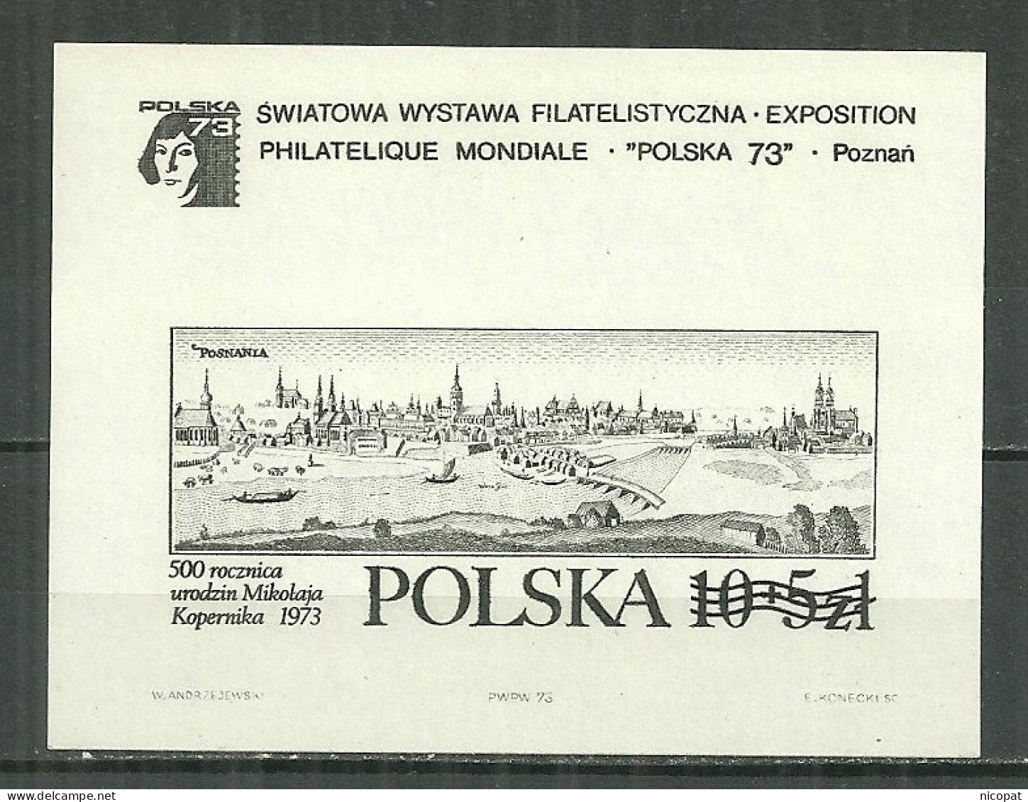 POLAND MNH ** Bloc De 1973 RARE Impression En Noir Et Blanc Exposition à POZNAN NICOLAS COPERNIC - Blocks & Sheetlets & Panes