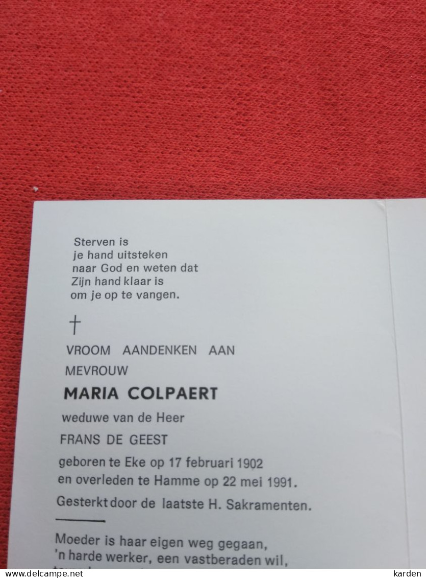 Doodsprentje Maria Colpaert / Eke 17/2/1902 Hamme 22/5/1991 ( Frans De Geest ) - Religion & Esotérisme